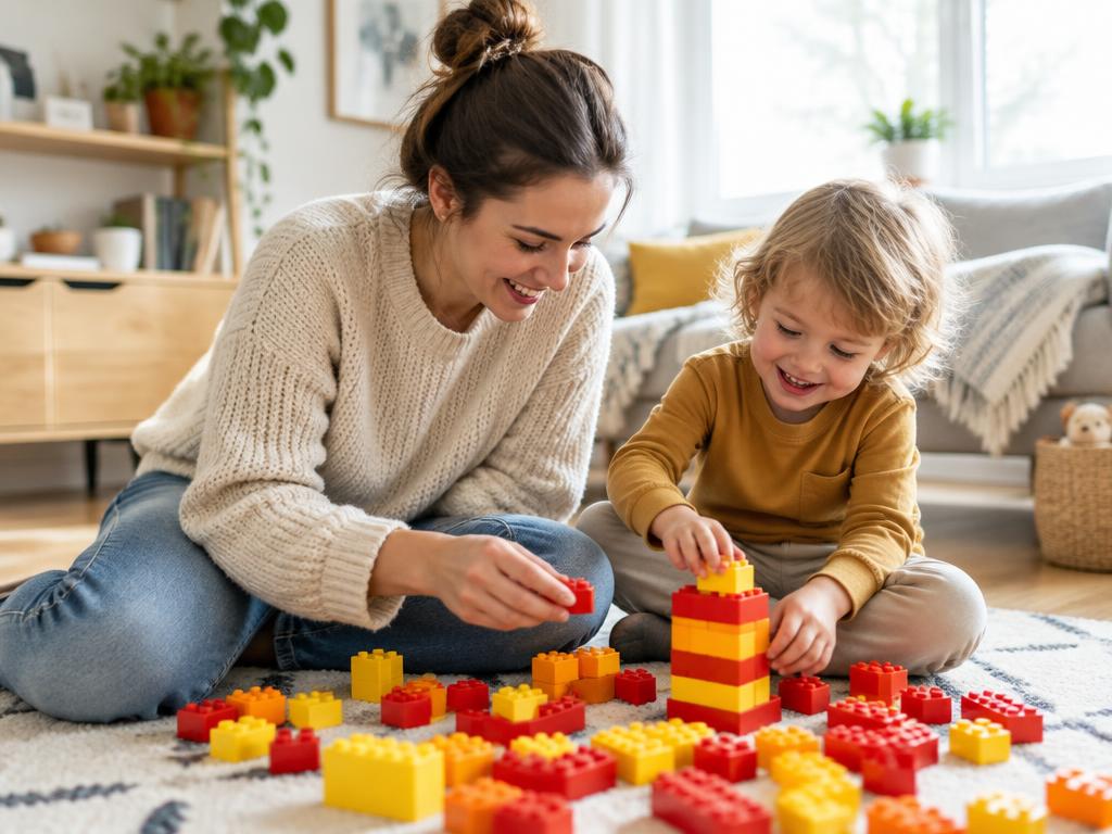 Parent and child playing with bricks